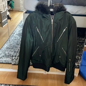Reversible jacket with fur lined hood